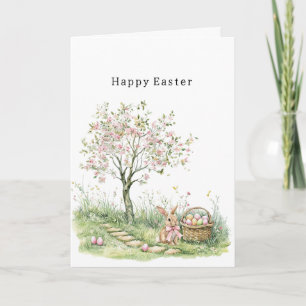 Pink Floral Tree Bunny Easter Eggs Joy Card