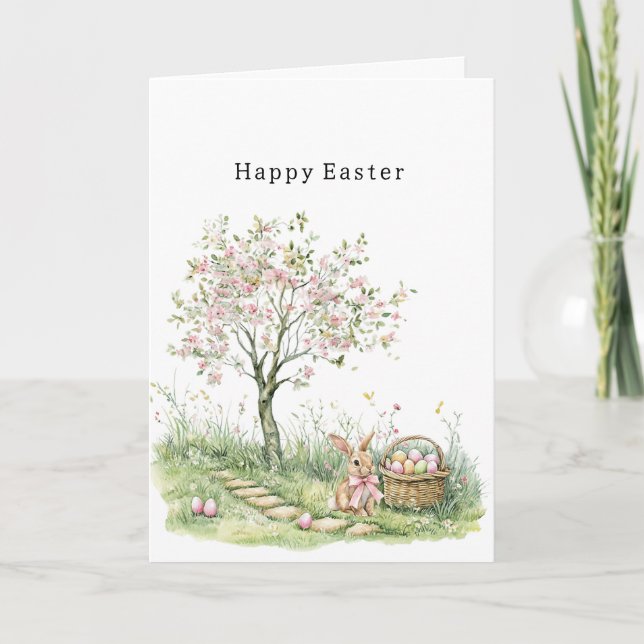 Pink Floral Tree Bunny Easter Eggs Joy Card (Front)