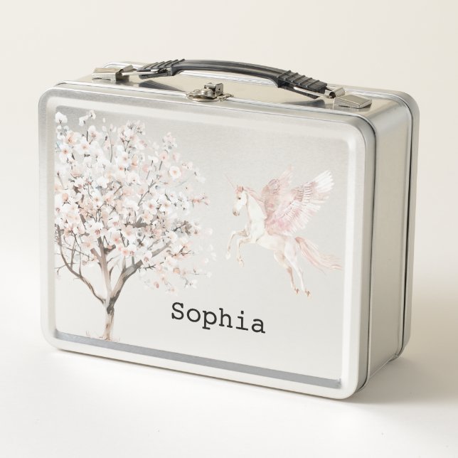 Pink Floral Tree Unicorn Pegasus Metal Lunch Box (Front)