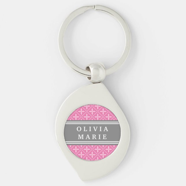 Pink Floral Trellis Pattern Grey Name Key Ring (Front)