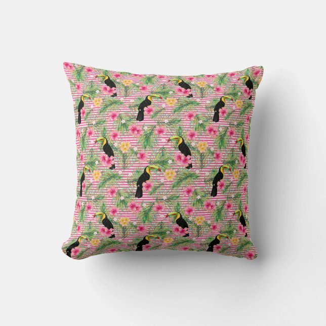 Pink Floral Tropical Bird Fern Throw Pillow (Front)