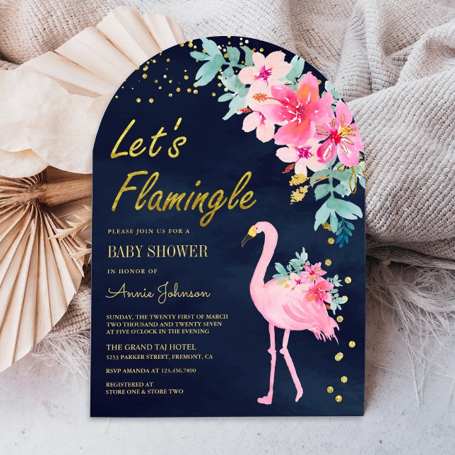 Pink Floral Tropical Flamingo Navy Baby Shower Invitation (Creator Uploaded)