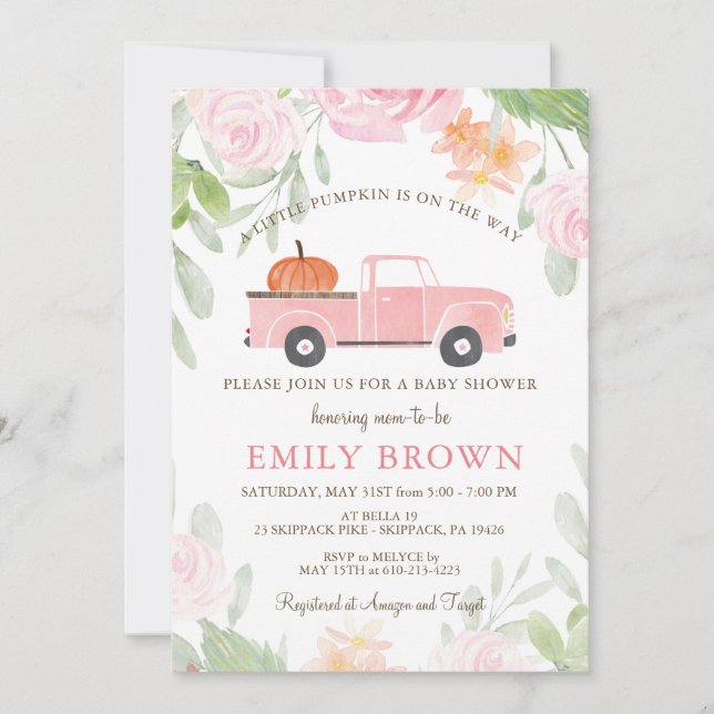 Pink Floral Truck Little PUMPKIN GIRL BABY SHOWER Invitation (Front)