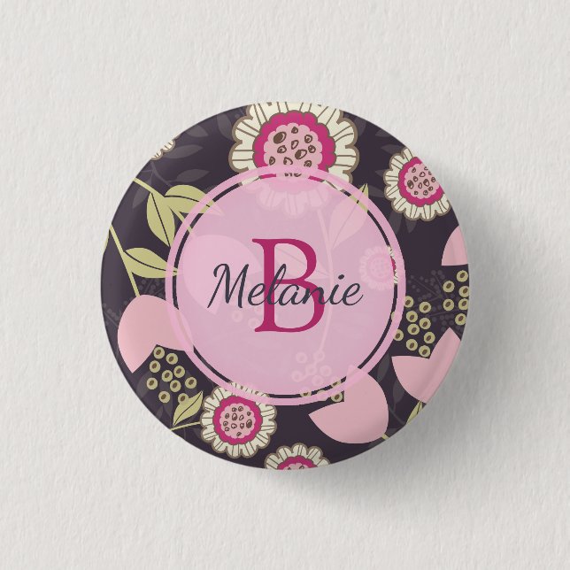 Pink Floral Tulip Pattern Monogram 3 Cm Round Badge (Front)