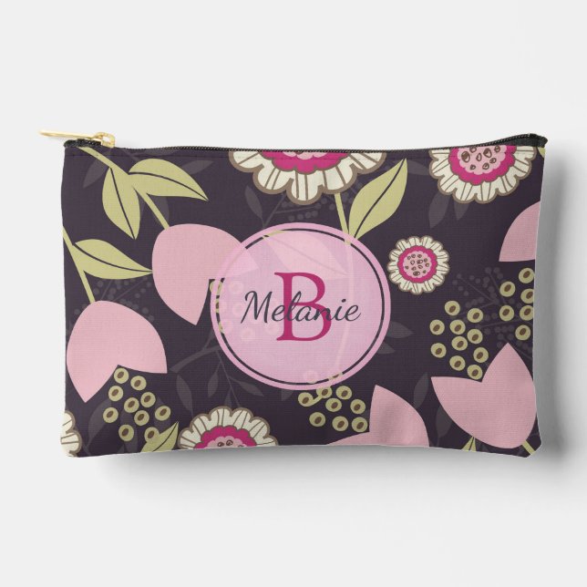 Pink Floral Tulip Pattern Monogram Accessory Pouch (Front)
