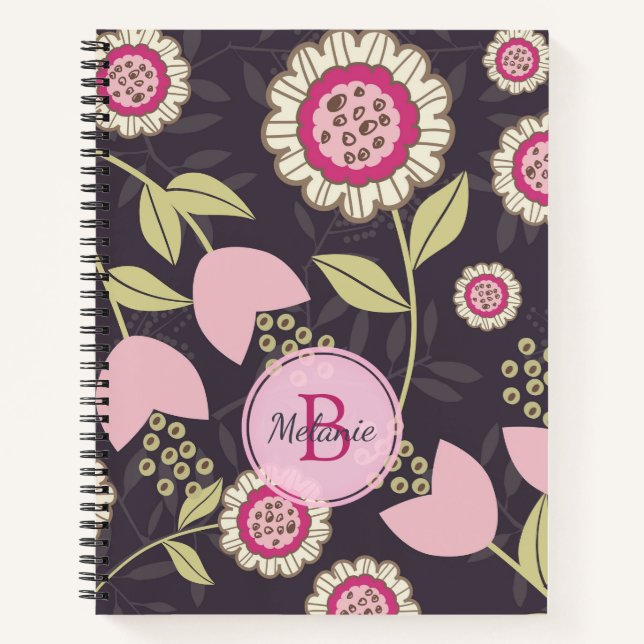 Pink Floral Tulip Pattern Monogram Notebook (Front)