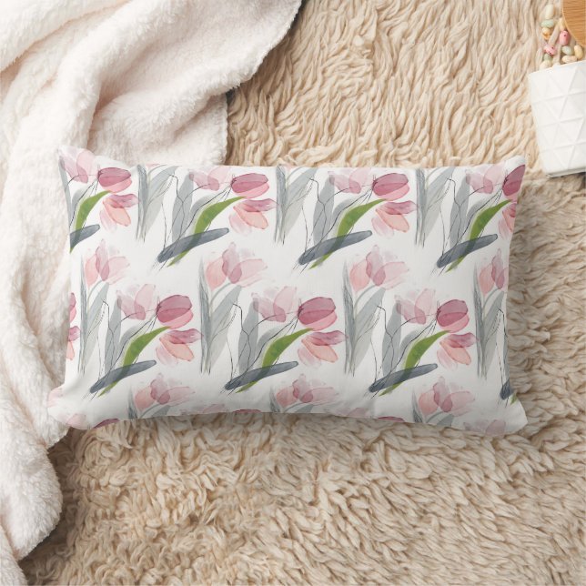 Pink Floral Tulips  Sage Green Leaves White Lumbar Cushion (Blanket)