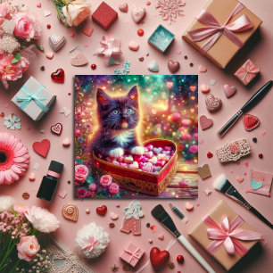 Pink Floral Tuxedo Kitten Heart Fantasy Valentine  Holiday Card