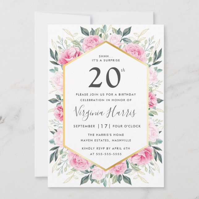 Pink Floral Twenty 20th Birthday Invitation (Front)