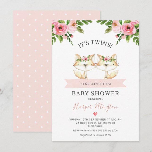 Pink Floral Twin Girls Fox Baby Shower Invitation (Front/Back)