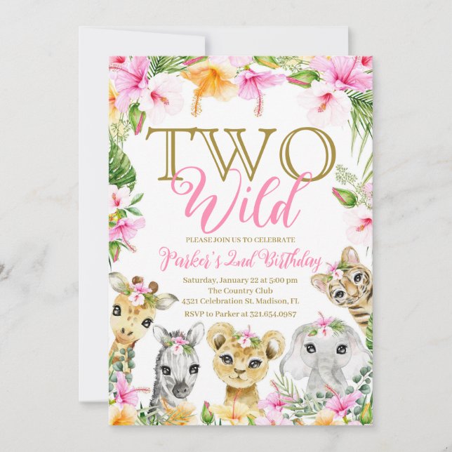 Pink Floral Two Wild Jungle Safari Birthday Girl Invitation (Front)