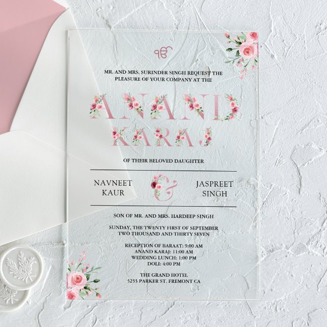 Pink Floral Typography Anand Karaj Sikh Wedding Acrylic Invitations (Creator Uploaded)