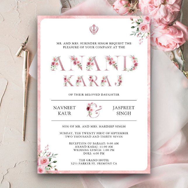 Pink Floral Typography Anand Karaj Sikh Wedding Invitation (Creator Uploaded)