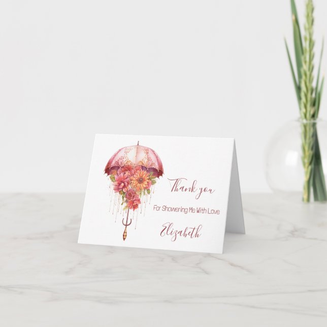Pink Floral Umbrella Bridal Shower Baby Shower  Thank You Card (Front)