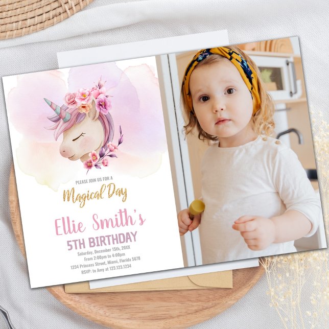 Pink Floral Unicorn Birthday Invitation with Photo (Pink Floral Unicorn Birthday Invitations w photo)
