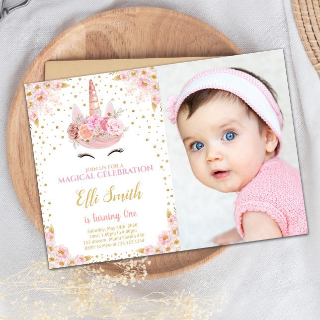 Pink Floral Unicorn Birthday Invitation with Photo (Pink Flowers Unicorn Birthday Invitations w photo)