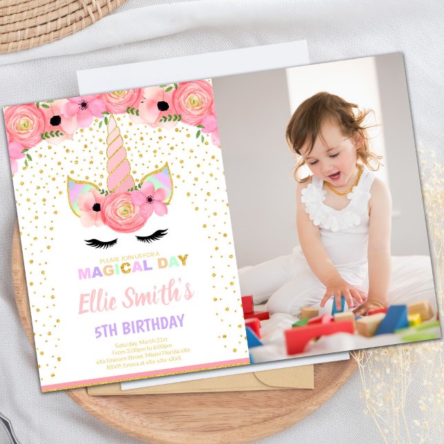 Pink Floral Unicorn Birthday Invitation with Photo (Pink Floral Unicorn Cards with photo)