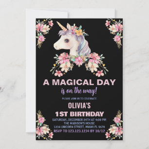 Pink Floral Unicorn Birthday Invitations