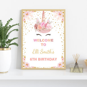 Pink Floral Unicorn Birthday Party Welcome Sign