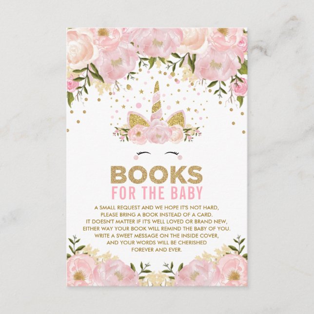 Pink Floral Unicorn Books for Baby Girl Enclosure Card (Front)