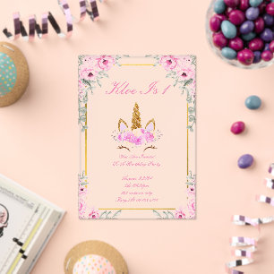 Pink floral unicorn girl birthday invitation 