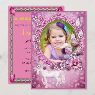 Pink Floral Unicorn Photo Birthday Party Invitation