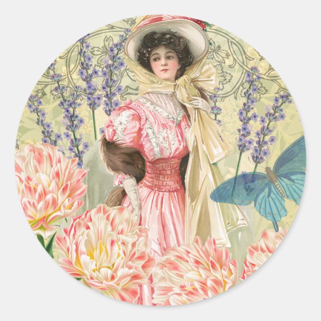 Pink Floral Victorian Woman Regency Classic Round Sticker (Front)