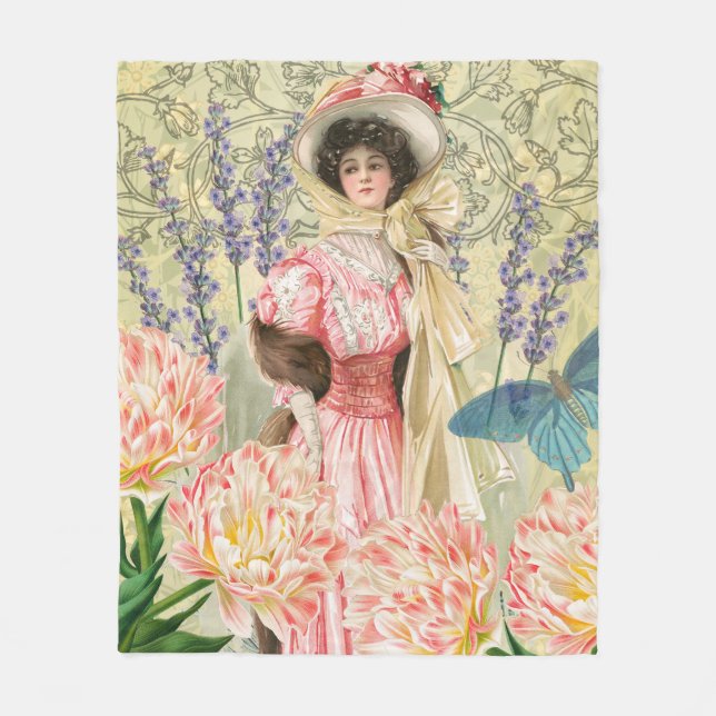 Pink Floral Victorian Woman Regency Fleece Blanket (Front)