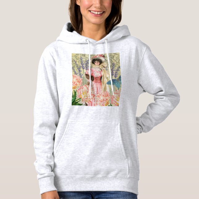Pink Floral Victorian Woman Regency Hoodie (Front)