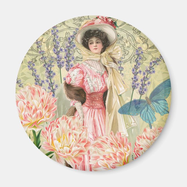 Pink Floral Victorian Woman Regency Magnet (Front)