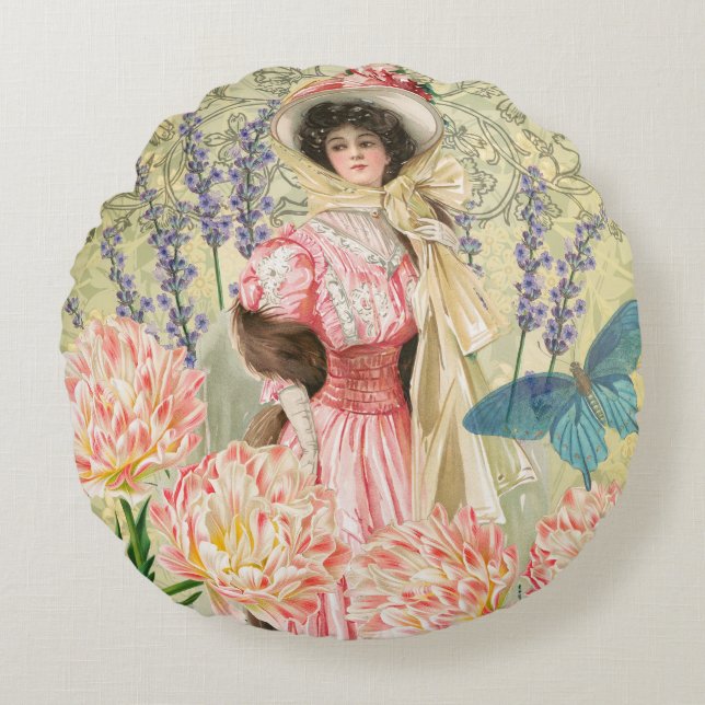 Pink Floral Victorian Woman Regency Round Cushion (Front)
