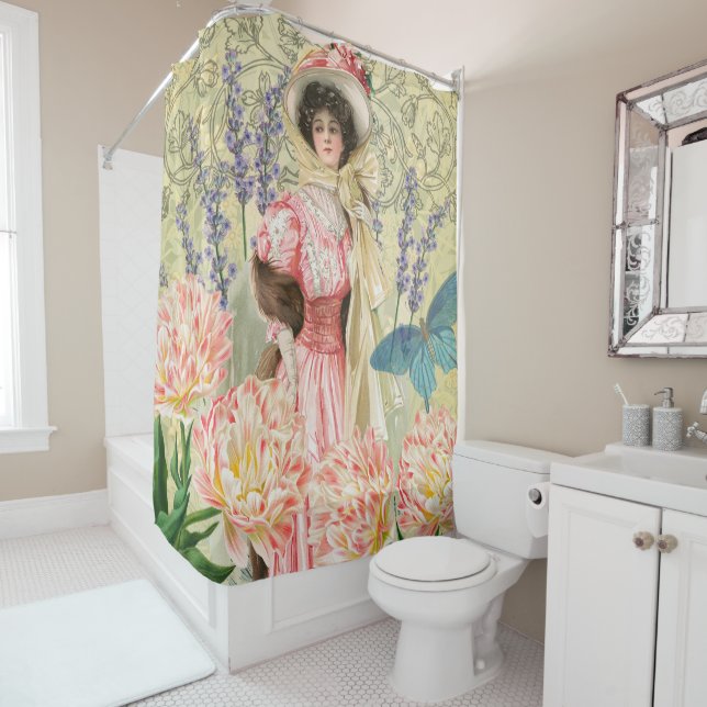 Pink Floral Victorian Woman Regency Shower Curtain (In Situ)