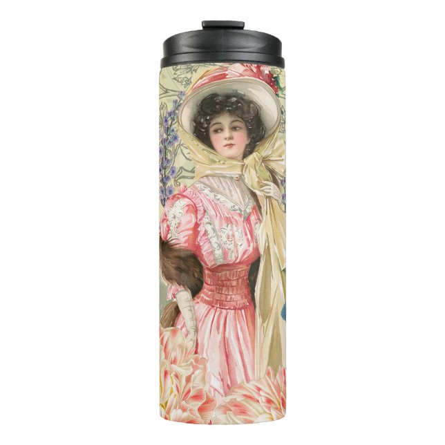 Pink Floral Victorian Woman Regency Thermal Tumbler (Front)
