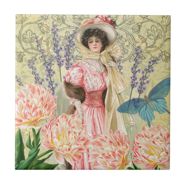 Pink Floral Victorian Woman Regency Tile (Front)