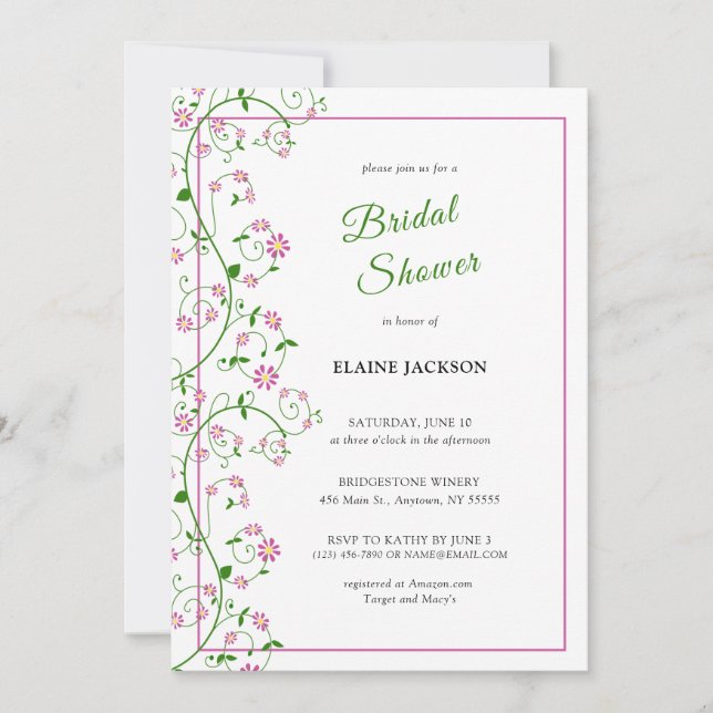Pink Floral Vine Shower Invitation Flat Card (Front)