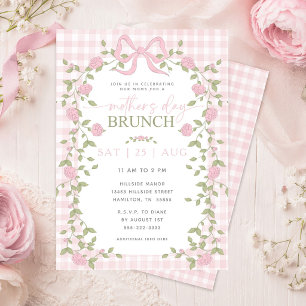 Pink Floral Vines Pink Gingham Mother's Day Brunch Invitation