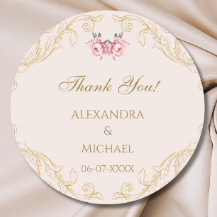 Pink Floral Vintage Baroque Wedding Thank You Classic Round Sticker