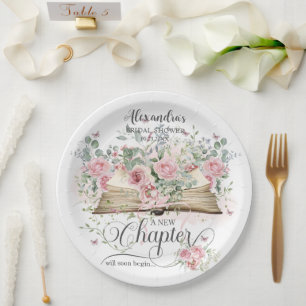Pink Floral Vintage Book New Chapter Bridal Shower Paper Plate