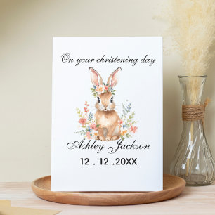 Pink floral vintage bunny Personalized christening Card