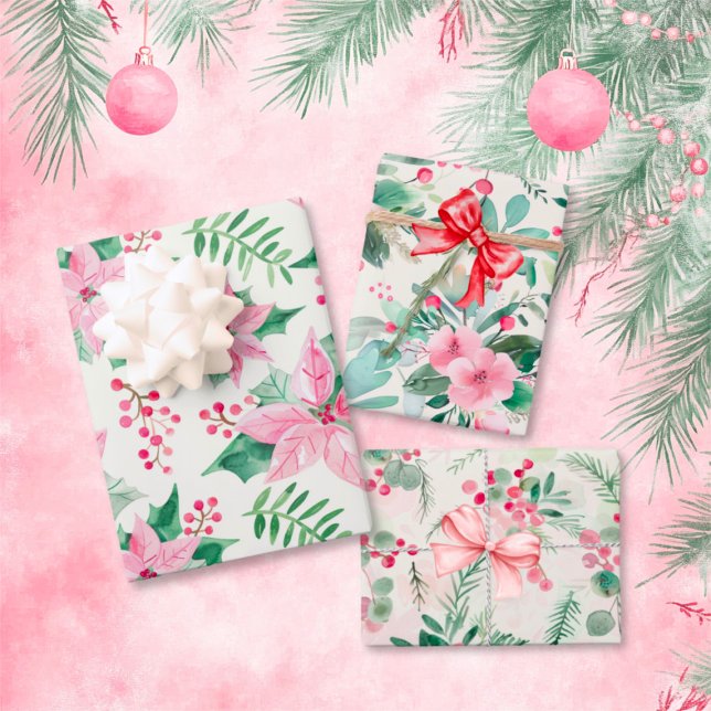 Pink Floral Vintage Christmas Wrapping Paper Sheet (Pink Floral Vintage Christmas Wrapping Paper (3) Sheets)