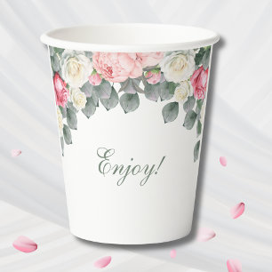 Pink Floral Vintage Garden Roses Bridal Shower Paper Cups