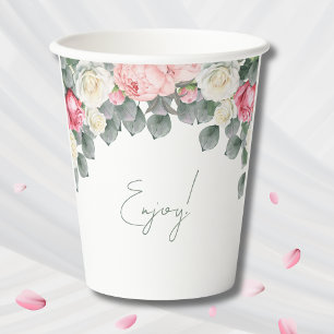 Pink Floral Vintage Garden Roses Bridal Shower Paper Cups