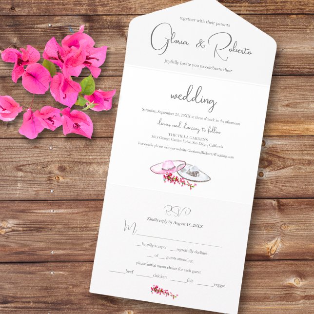 Pink Floral Vintage Mexican Wedding Romantic All In One Invitation (Creator Uploaded)
