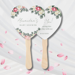 Pink Floral Vintage Roses Baby Shower Thank You Hand Fan