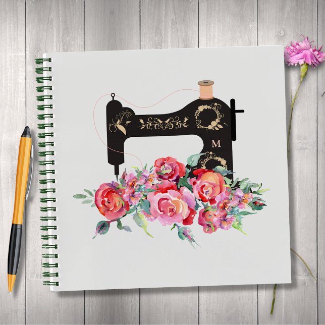 Pink Floral Vintage Sewing Machine Monogram Notebook (Creator Uploaded)