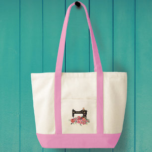Pink Floral Vintage Sewing Machine Monogram Tote Bag