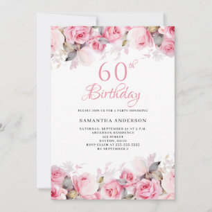 Pink Floral Watercolor 60th Birthday Invitation
