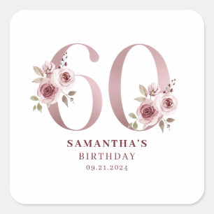 Pink Floral Watercolor 60th Birthday  Square Sticker