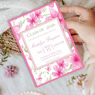 Pink Floral   Watercolor Azalea   Graduation Invitation