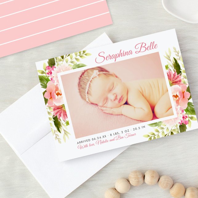 Pink Floral Watercolor Baby Girl Photo Birth Announcement (Creator Uploaded)